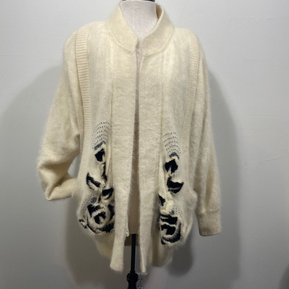 Shannan Vintage Angora Mink Fur Floral Beaded‎ Cardigan Sweater Cream White Lrg